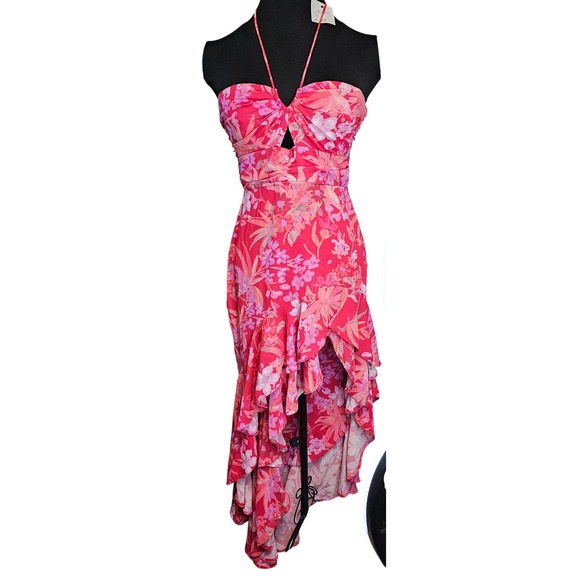 Amanda Uprichard Estrada Halterneck Floral High-Low Ruffle Maxi Dress. - Picture 2 of 8